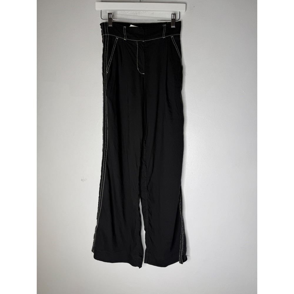 Jonathan Simkhai Standard Black Linen Blend Wide Leg Contrast Stitch Pants XS